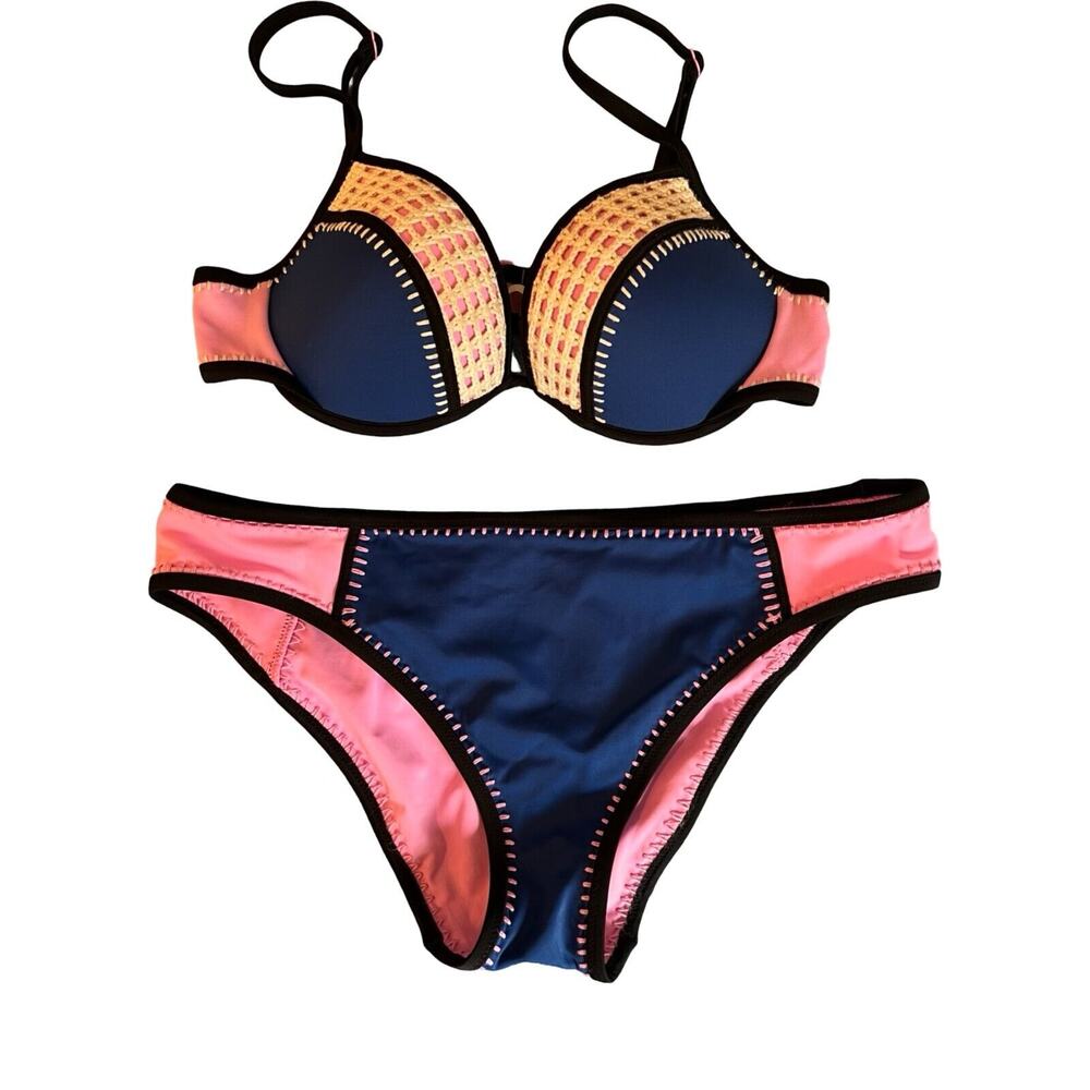 Victorias Secret Bikini Size Large 36C Bombshell 2 Pc  Blue Pink Crochet Molded
